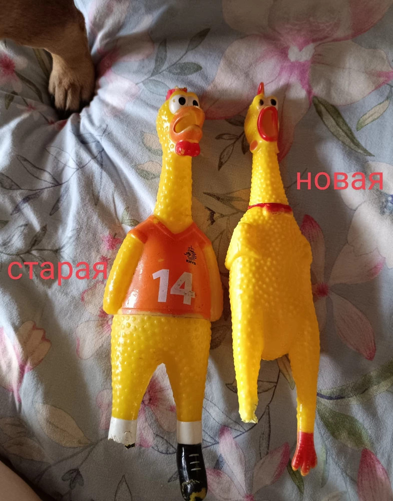 Собака безумно любит этот звук 🔊от игрушки, но хватило буквально на два часа. Резина слишком тонкая для средних и тем более бульдогов не подойдет игрушка. Длина меньше 30 см. Старую игрушку брали намного дольше прослужила, резина толще ощутимо.