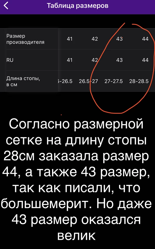 Согласно размерной сетке на длину стопы 28см заказала размер 44, а также 43 размер, так как писали, что большемерит. Но даже 43 размер оказался велик