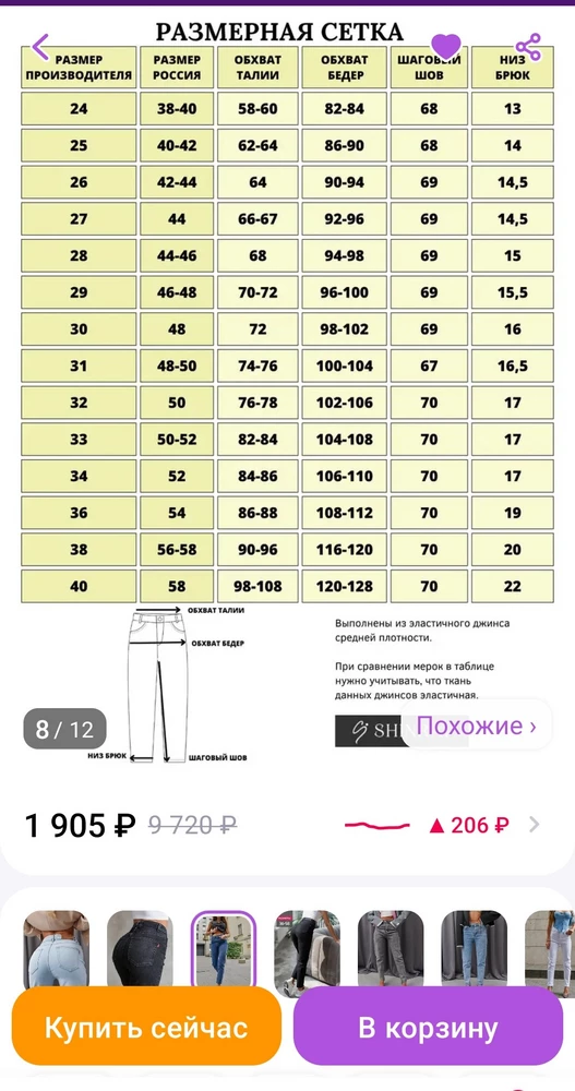 Есть 29 размера такие же, только серые джинсы, которые мне как раз. Решила взять синие на размер больше (30). Посмотрела по таблице размеров- в талии даже было бы навырост. Но по факту застягнуть я их не смогла!! Зачем вы вводите в заблуждение покупателей?? За возврат с меня снимут деньги, что не очень приятно, поскольку не по моей вине! Потом в конце карточки есть еще какая то таблица размеров, а там совсем другие параметры!! Теперь даже если и повторно заказывать то я  не понимаю какой размер. Параметры 81 талия, бёдра 104.