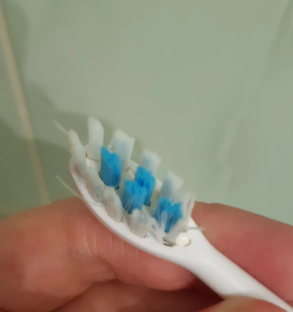 Через месяц использования одна из двух зубных щёток превратилась в щётку  курильщика. На фото видно как половина щетина просто выпала.