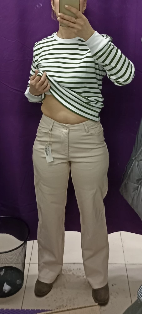 Хорошие брюки. На ОБ 100 размер 28 сел хорошо, но можно было бы более свободно. На рост 163 нужен хоть небольшой каблук, с кроссовками и плоским ходом длинные