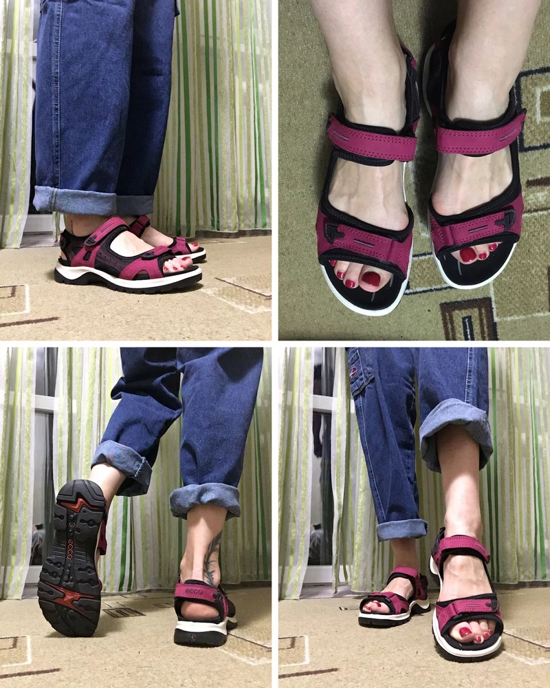 Очень удобные, мягкие, как на фото по цвету.Классно сидят, удобные на узкую ногу, по моему маломерки(длинна стопы у меня 24,5, взяла 40 размер. если мерить с носком , то большие, но нога склонна к отёкам, к вечеру сели как влитые) Очень хорошие, однозначно рекомендую. Единственный для меня минус- хотела чтобы можно было ходить по воде, но тут материал подошвы ворсистый, боюсь испорчу.До этого были подобные сандалии для ходьбы по горным рекам(подошва целиком из пластика, а верх тканно- замшевый)