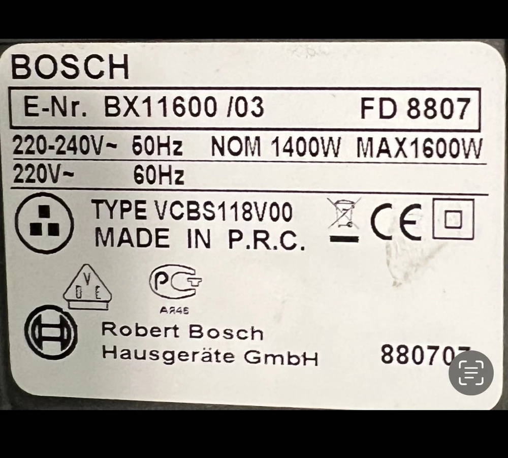 Bosch BX11600 /03. Подошел как родной.