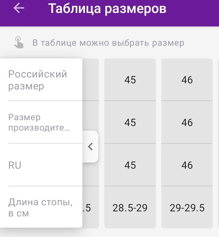 В таблице размеров заявляете на 46 размер длину стопы 29-29,5. А по факту на бирке длина стопы 30, соотвественно большие и отказ. Приведите таблицу размеров в соответствие!